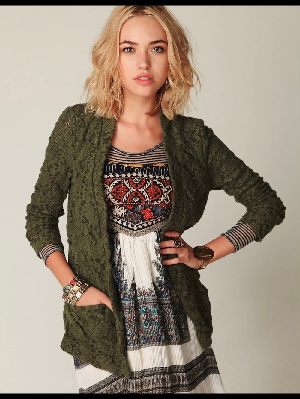 Free People Olive Green Lace Open-Front Cardigan